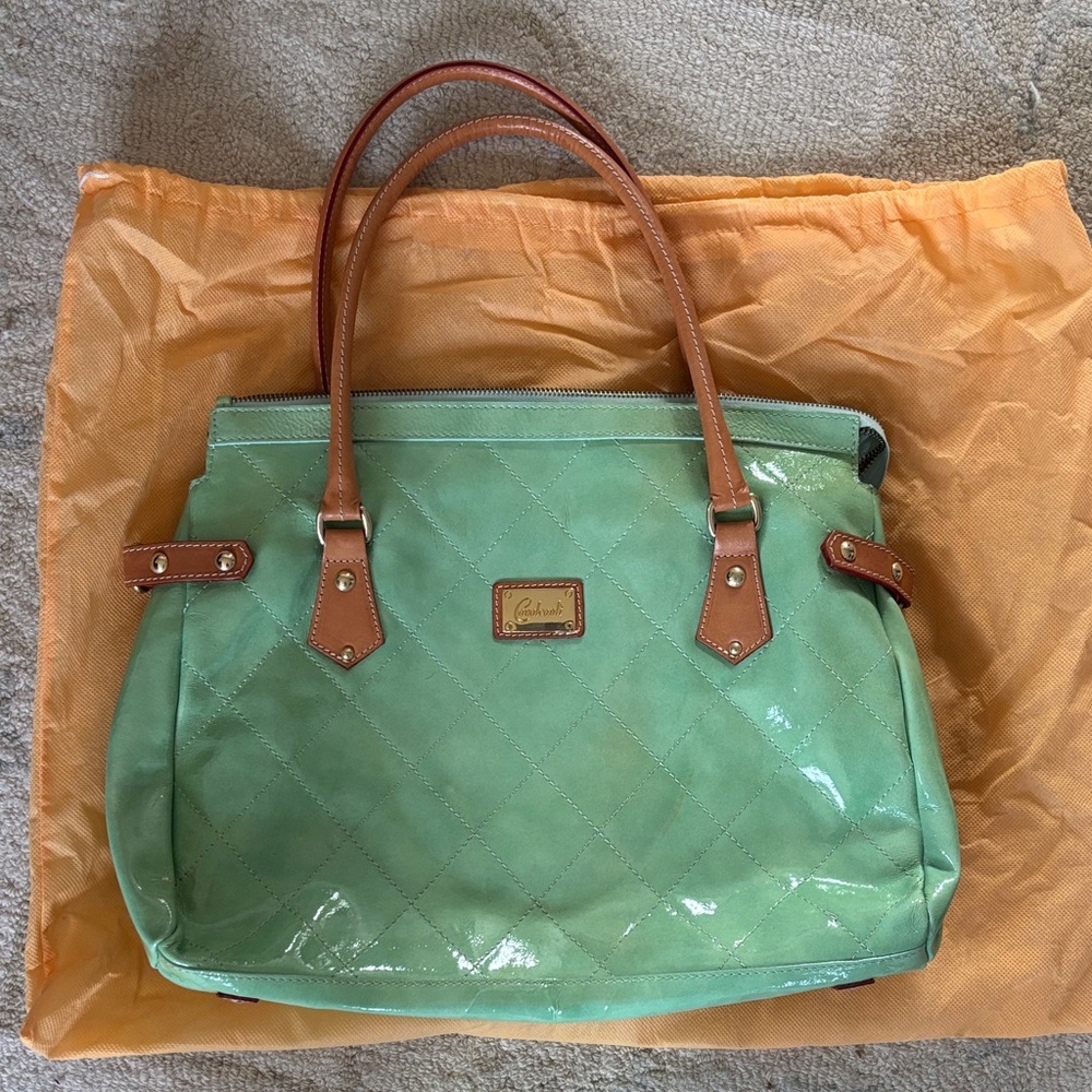 Italian Cavalcanti Mint Green Patent Shoulder Bag with Brown Straps